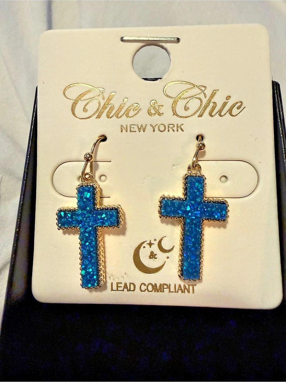 Chic & Chio Blue Glitter Cross Earrings NWT